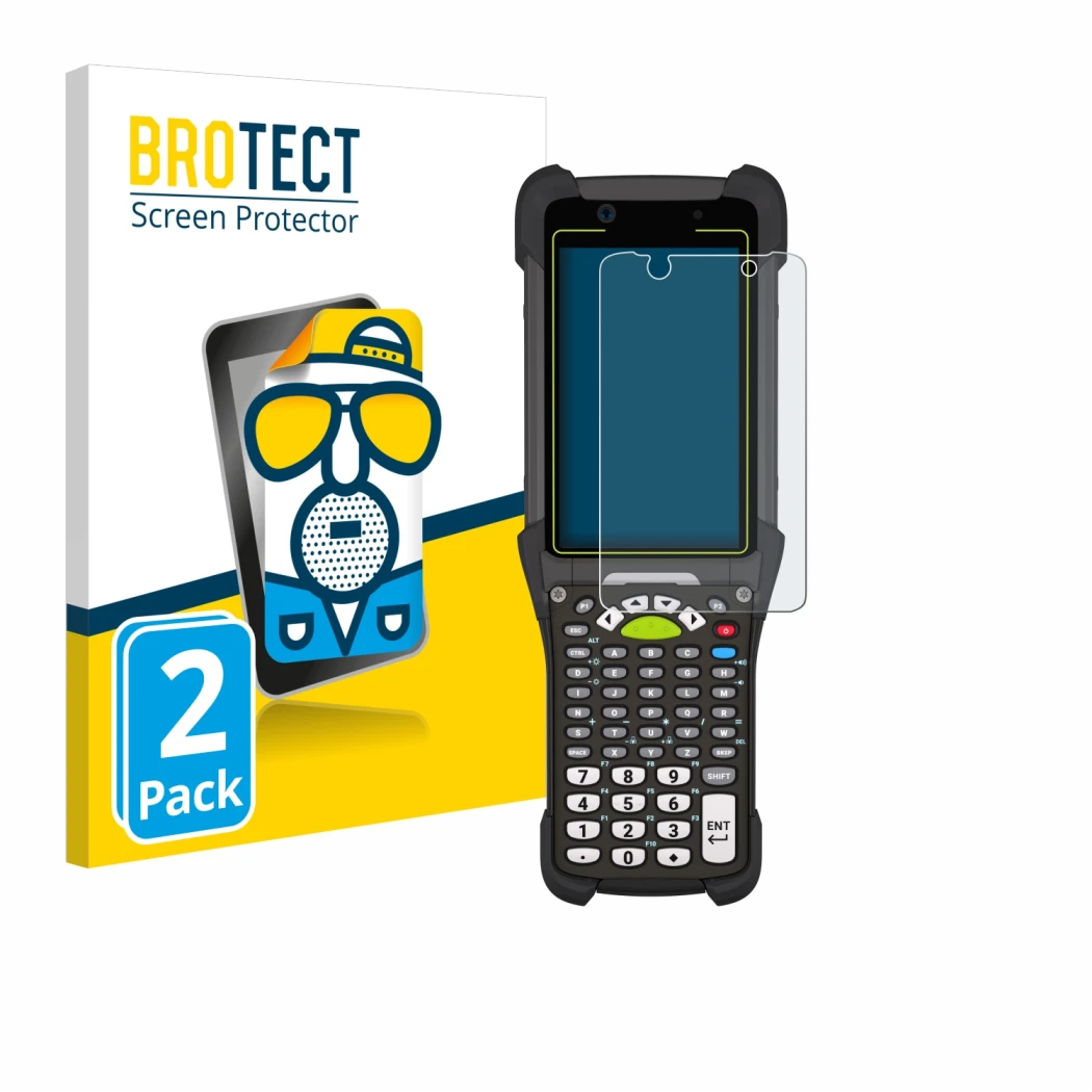 Face avant d’un emballage produit avec le logo de la marque BROTECT. À côté, l’appareil Zebra MC9400 est représenté avec la pr