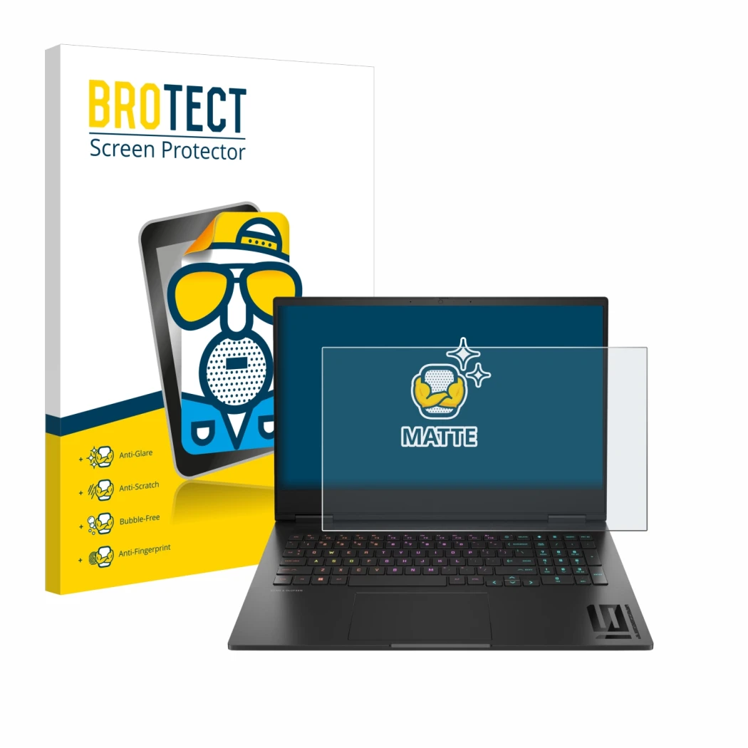 Face avant d’un emballage produit avec le logo de la marque BROTECT. À côté, l’appareil HP Omen 16 2024 est représenté avec la