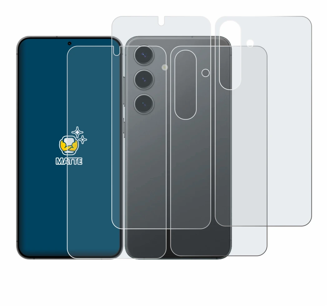 Image de l'appareil Samsung Galaxy S24 (Avant+Arrière) avec une grande variété de protections d'écran.