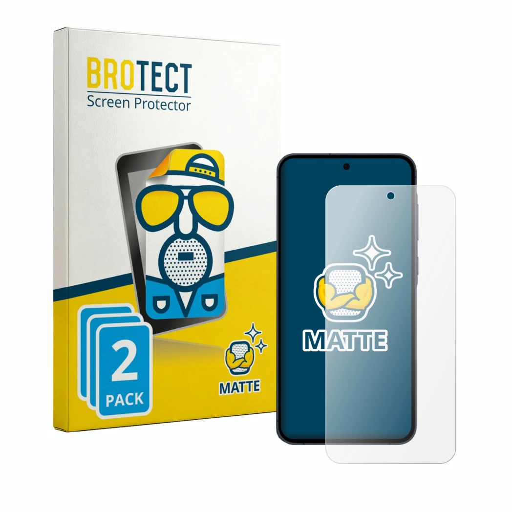 Face avant d’un emballage produit avec le logo de la marque BROTECT. À côté, l’appareil Samsung Galaxy A55 5G est représenté a
