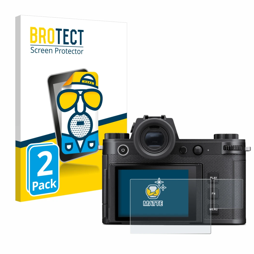 Face avant d’un emballage produit avec le logo de la marque BROTECT. À côté, l’appareil Leica SL3 (Affichage + affichage des é