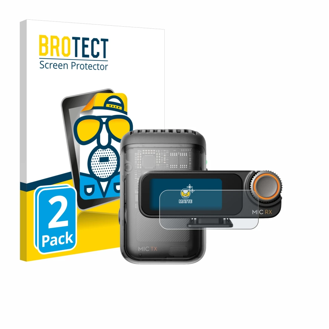 Face avant d’un emballage produit avec le logo de la marque BROTECT. À côté, l’appareil DJI Mic 2 (Receiver) est représenté av