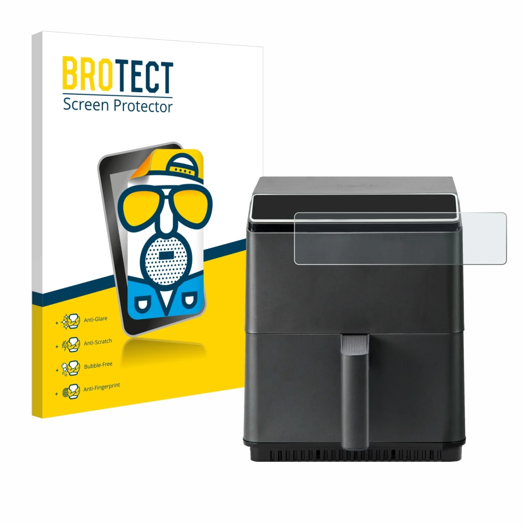 Face avant d’un emballage produit avec le logo de la marque BROTECT. À côté, l’appareil Cosori CAF-P583S est représenté avec l