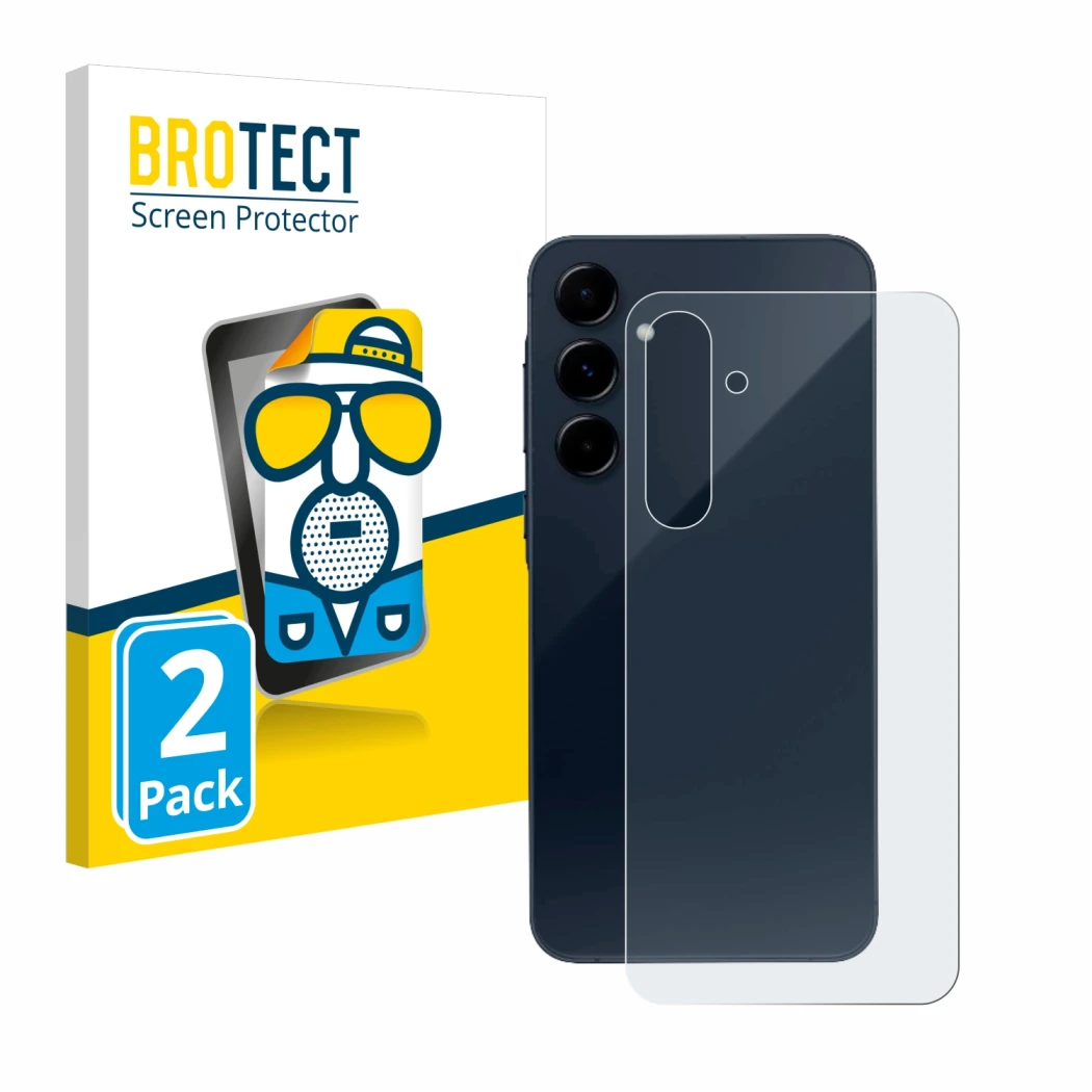 Face avant d’un emballage produit avec le logo de la marque BROTECT. À côté, l’appareil Samsung Galaxy A35 5G (Arrière) est re