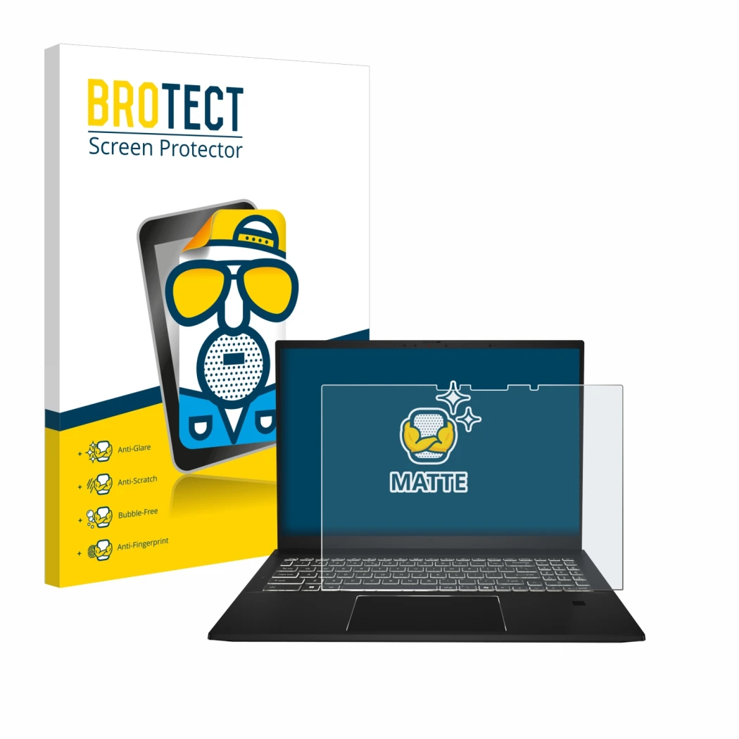 Face avant d’un emballage produit avec le logo de la marque BROTECT. À côté, l’appareil MSI Summit E16 AI Studio est représent