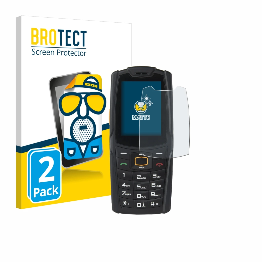 Face avant d’un emballage produit avec le logo de la marque BROTECT. À côté, l’appareil AGM M6 est représenté avec la protecti