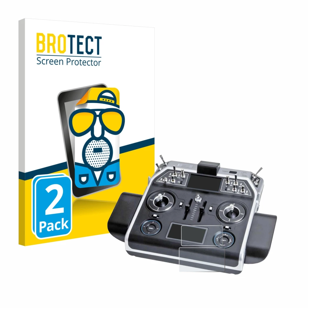 Face avant d’un emballage produit avec le logo de la marque BROTECT. À côté, l’appareil Graupner MC-28 est représenté avec la