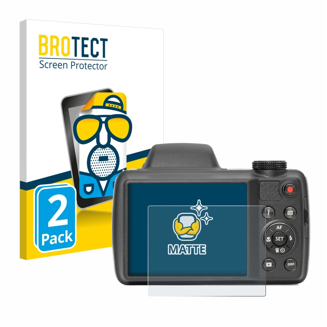 Face avant d’un emballage produit avec le logo de la marque BROTECT. À côté, l’appareil Kodak Pixpro AZ528 est représenté avec