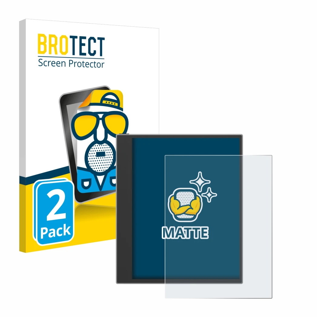 Face avant d’un emballage produit avec le logo de la marque BROTECT. À côté, l’appareil PocketBook InkPad Eo (2024) est représ