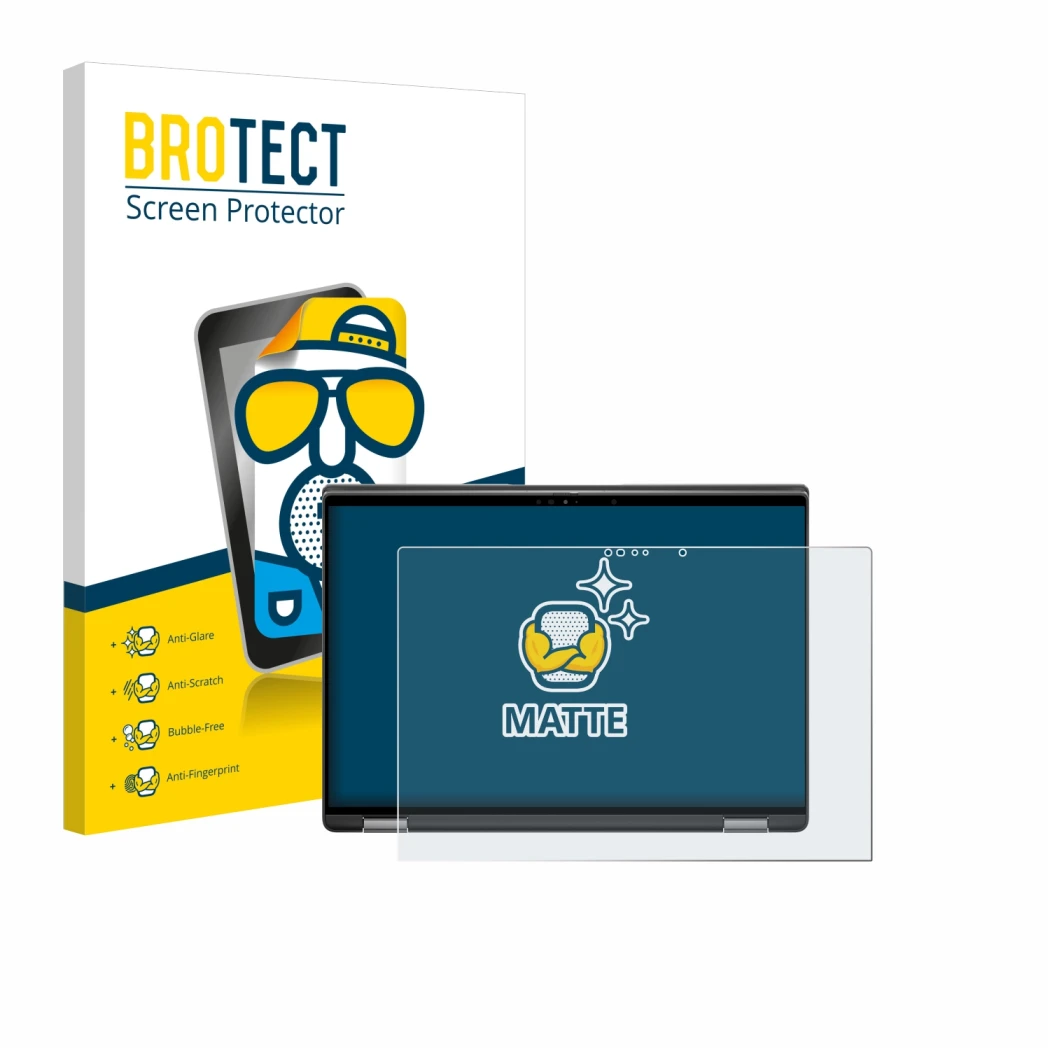 Face avant d’un emballage produit avec le logo de la marque BROTECT. À côté, l’appareil Dell Latitude 7440 2-in-1 est représen