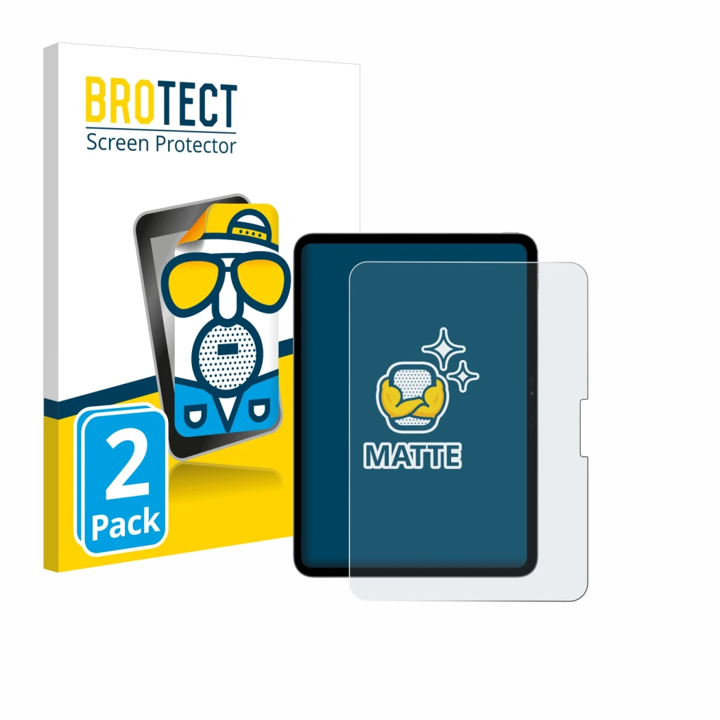 Face avant d’un emballage produit avec le logo de la marque BROTECT. À côté, l’appareil Apple iPad Pro 11