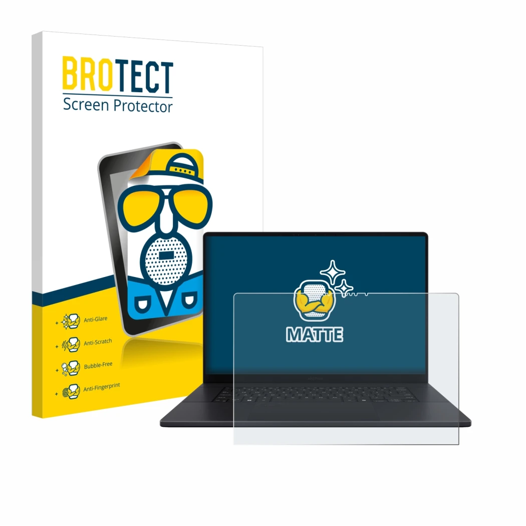 Face avant d’un emballage produit avec le logo de la marque BROTECT. À côté, l’appareil ASUS ProArt P16 est représenté avec la