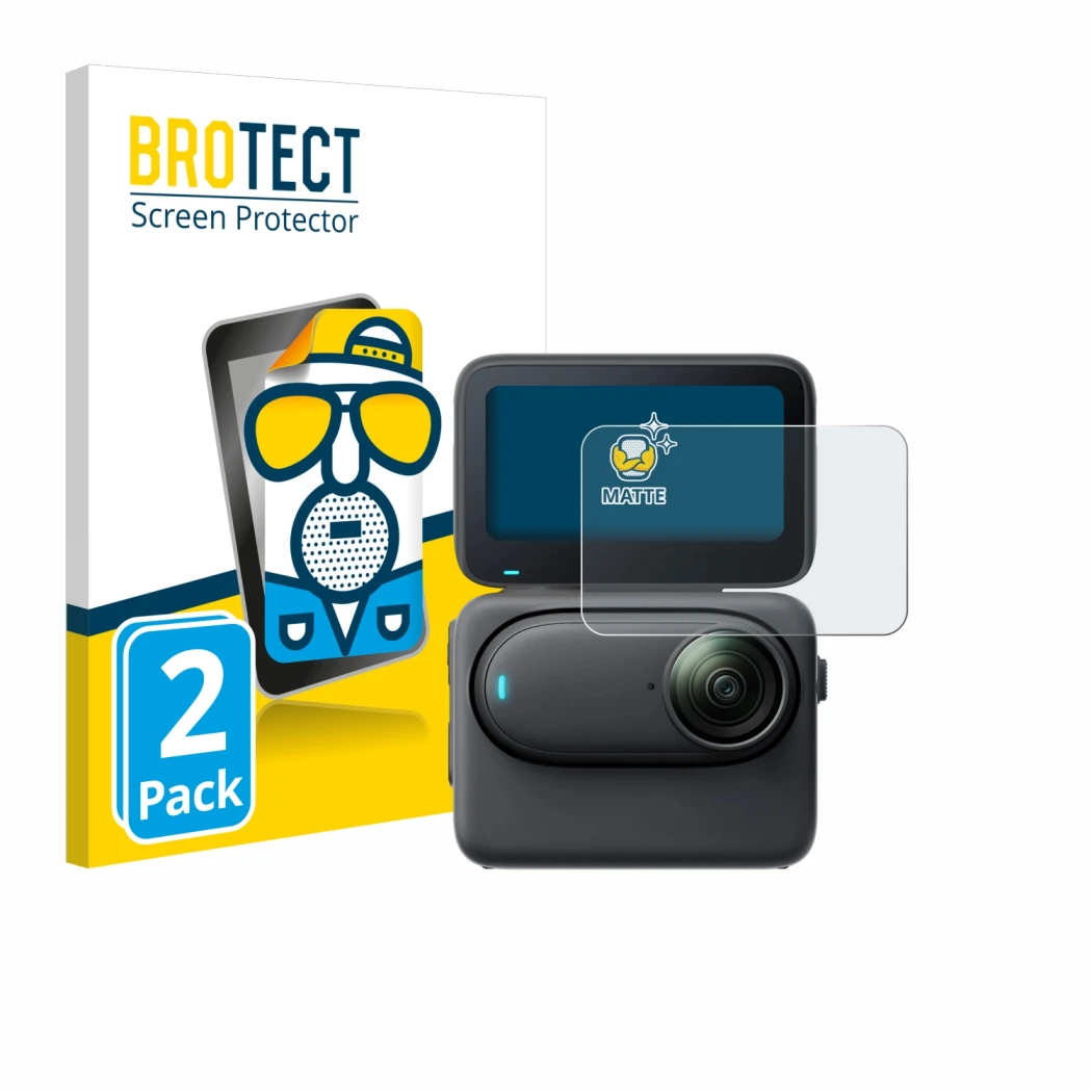 Face avant d’un emballage produit avec le logo de la marque BROTECT. À côté, l’appareil Insta360 Go 3S est représenté avec la