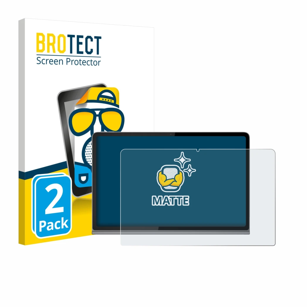 Face avant d’un emballage produit avec le logo de la marque BROTECT. À côté, l’appareil Lenovo Tab Plus est représenté avec la