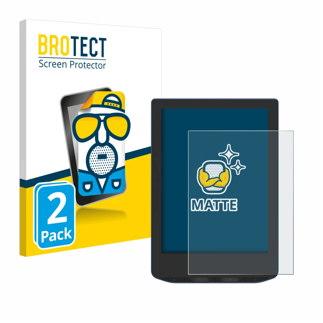 Face avant d’un emballage produit avec le logo de la marque BROTECT. À côté, l’appareil PocketBook Verse Pro Color est représe