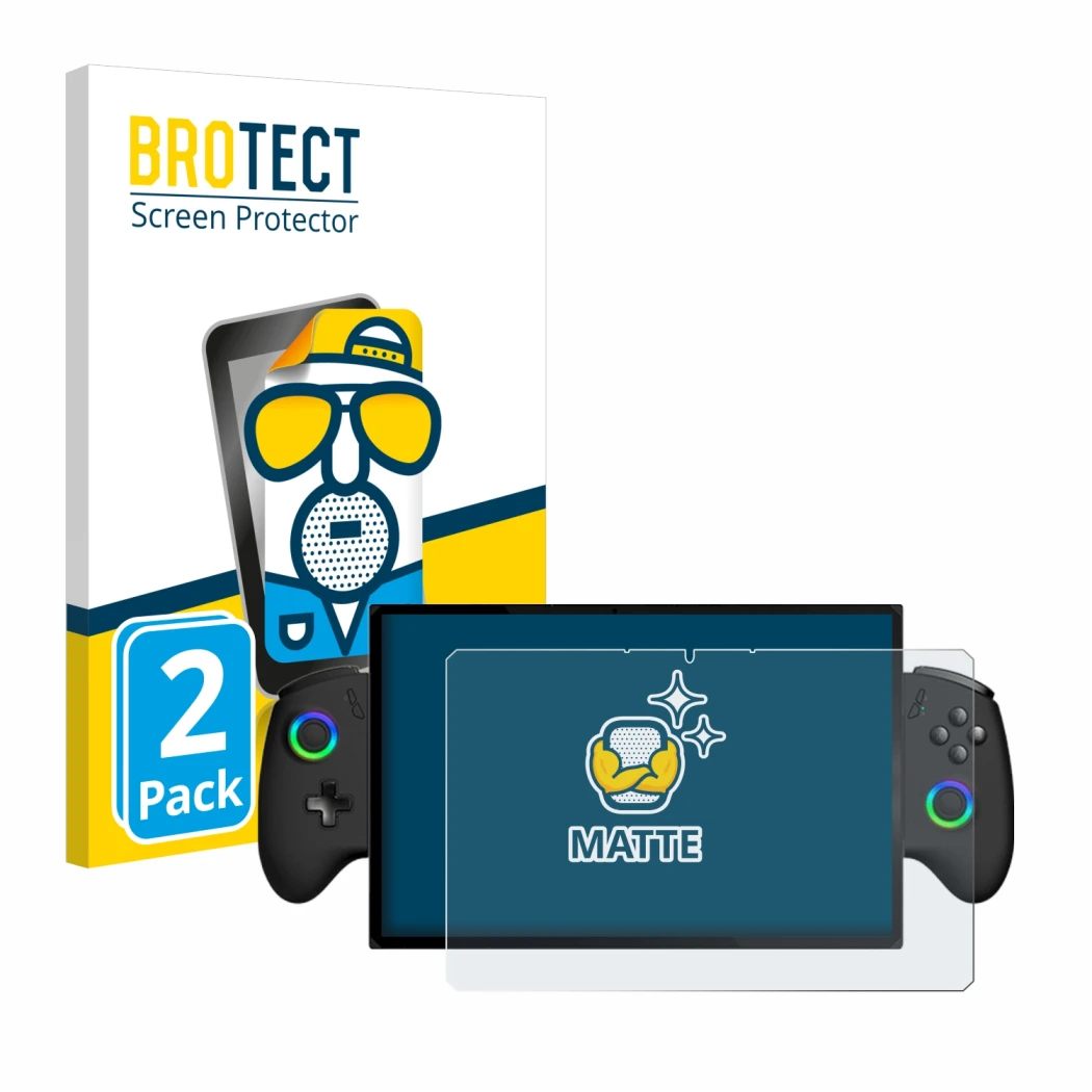 Face avant d’un emballage produit avec le logo de la marque BROTECT. À côté, l’appareil OneXPlayer X1 est représenté avec la p
