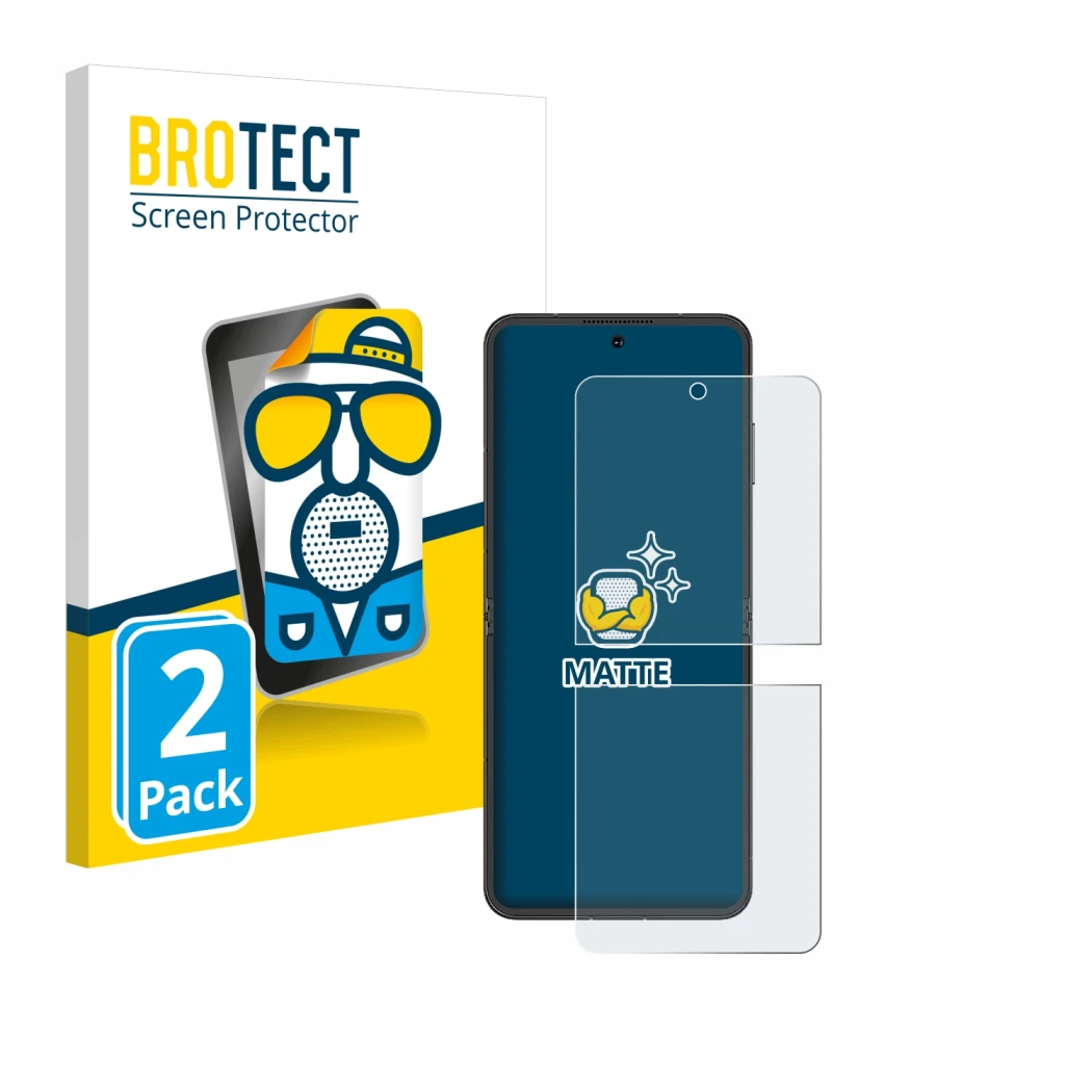 Face avant d’un emballage produit avec le logo de la marque BROTECT. À côté, l’appareil Nubia Flip 5G est représenté avec la p