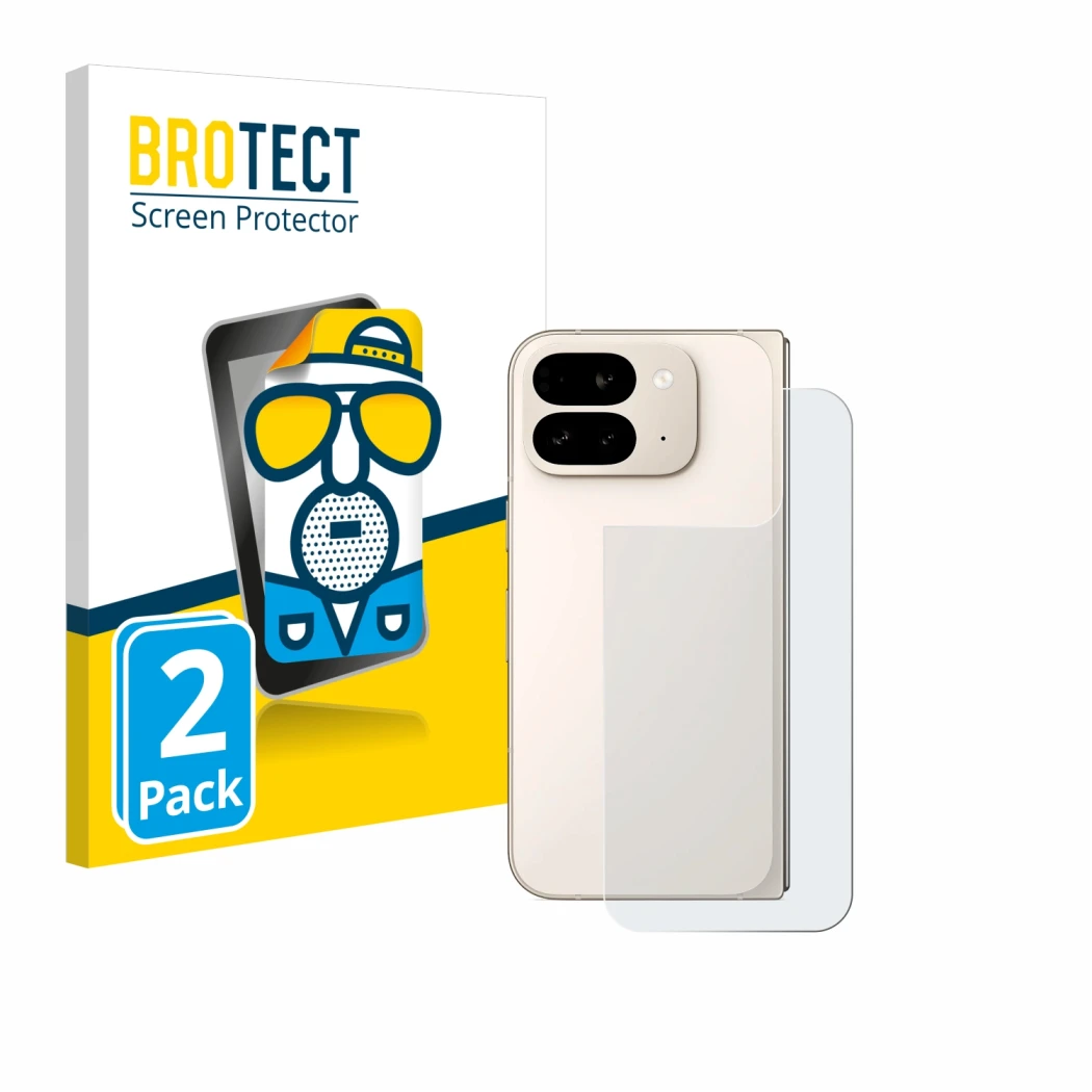 Face avant d’un emballage produit avec le logo de la marque BROTECT. À côté, l’appareil Google Pixel 9 Pro Fold (Arrière) est 