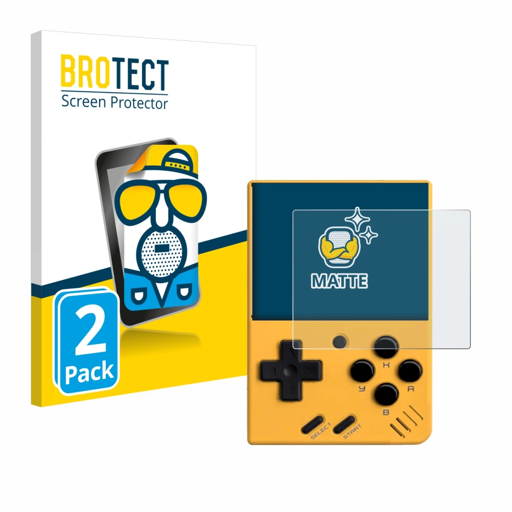 Face avant d’un emballage produit avec le logo de la marque BROTECT. À côté, l’appareil Miyoo Mini V4 est représenté avec la p