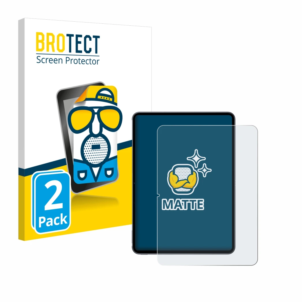 Face avant d’un emballage produit avec le logo de la marque BROTECT. À côté, l’appareil OnePlus Pad 2 (portrait) est représent