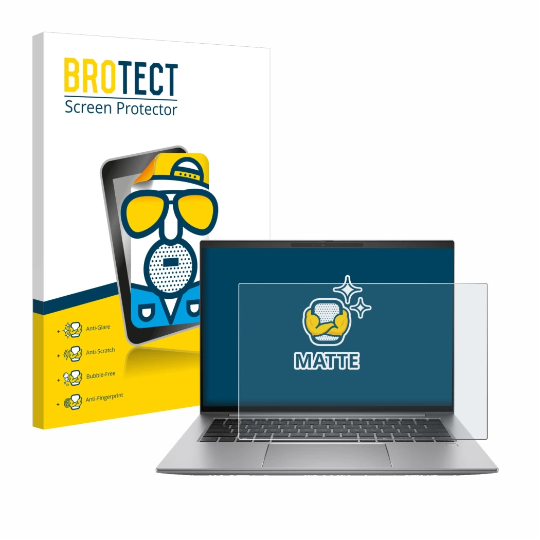 Face avant d’un emballage produit avec le logo de la marque BROTECT. À côté, l’appareil HP Zbook Firefly 14 G11 est représenté