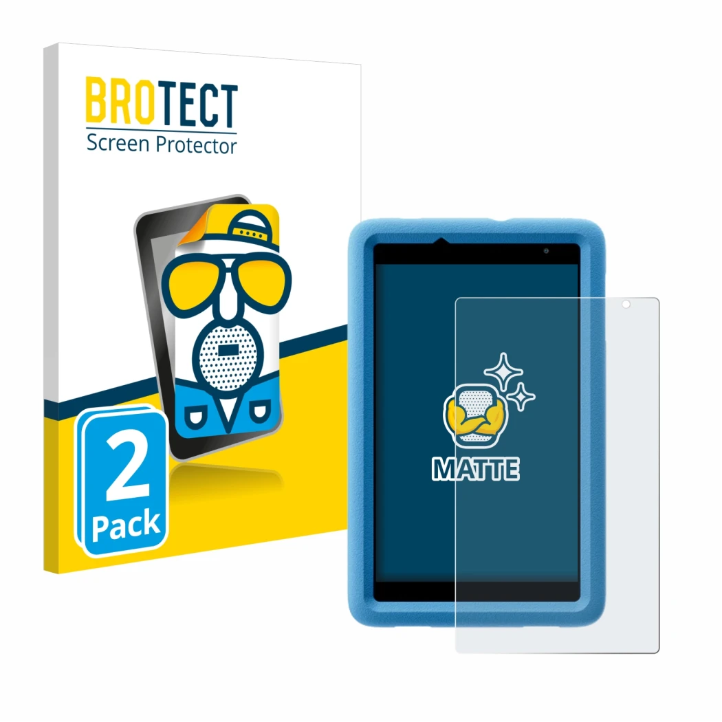 Face avant d’un emballage produit avec le logo de la marque BROTECT. À côté, l’appareil Blackview Tab A5 Kids est représenté a