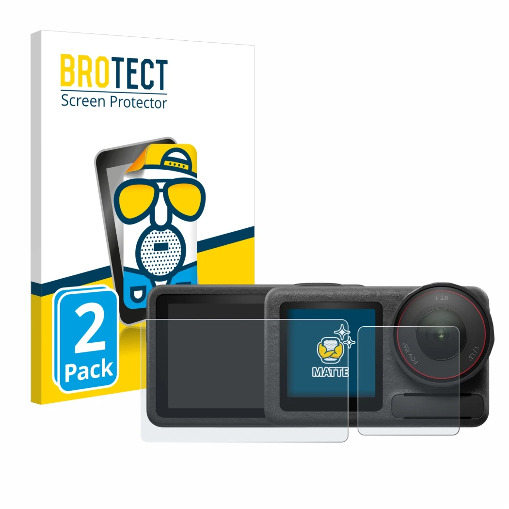 Face avant d’un emballage produit avec le logo de la marque BROTECT. À côté, l’appareil DJI Osmo Action 5 Pro est représenté a