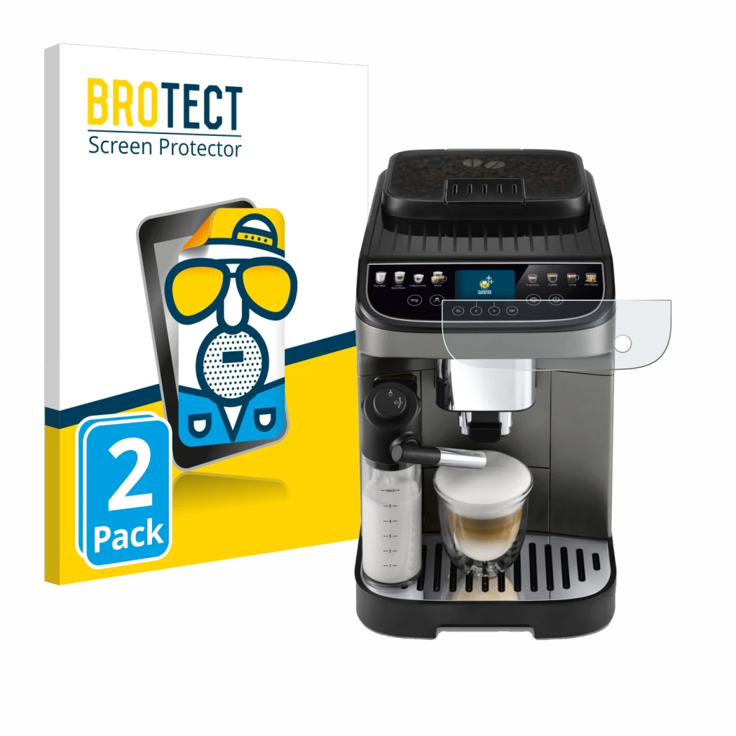 Face avant d’un emballage produit avec le logo de la marque BROTECT. À côté, l’appareil DeLonghi Magnifica Evo Next est représ