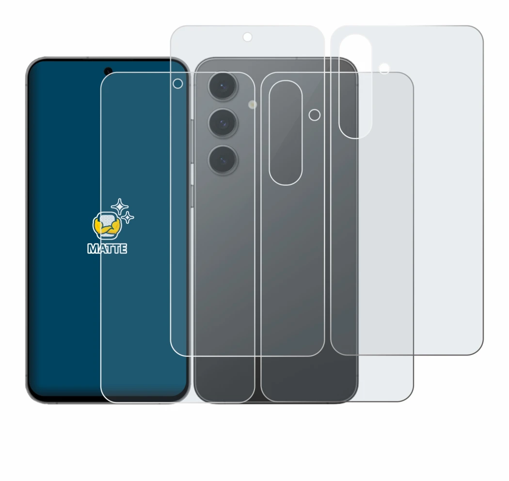 Image de l'appareil Samsung Galaxy S24 FE (Avant+Arrière) avec une grande variété de protections d'écran.