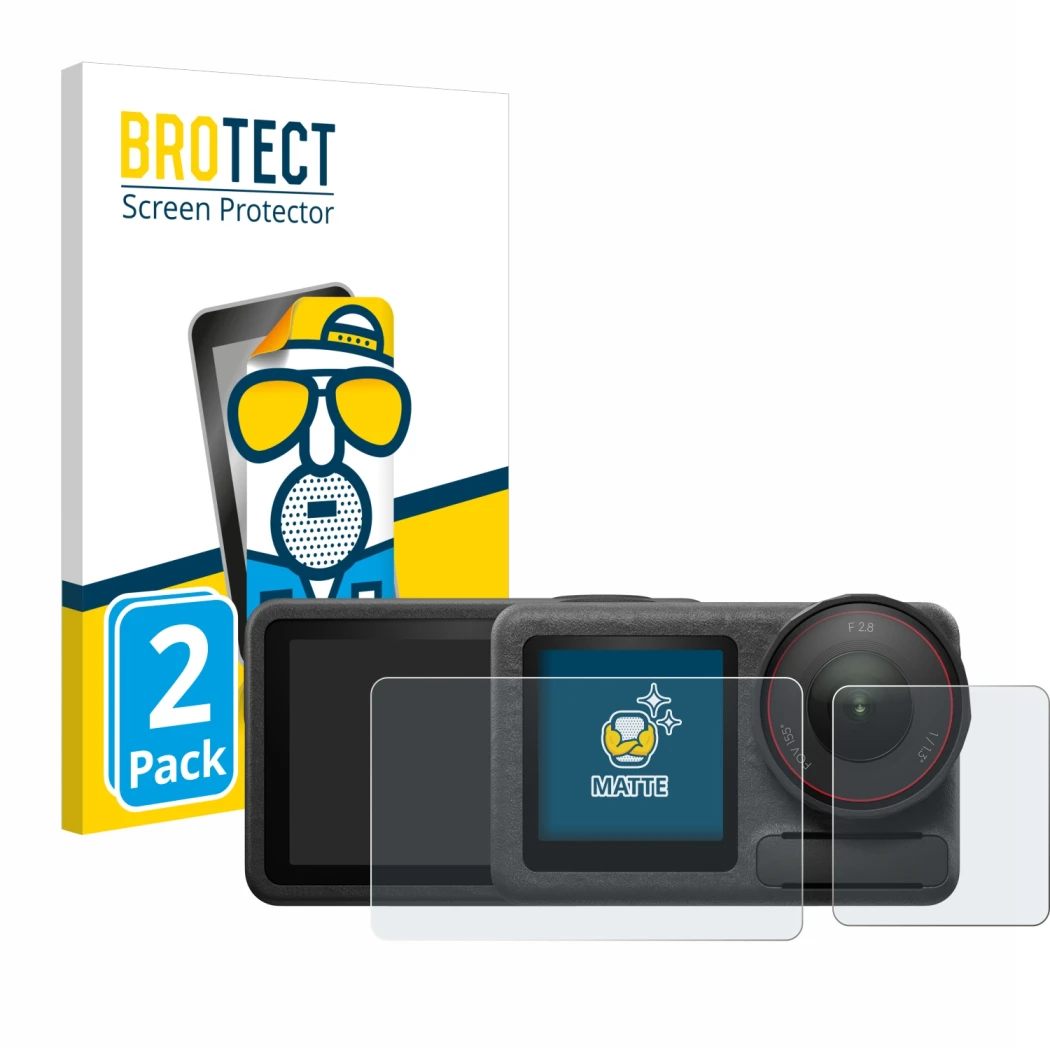 Face avant d’un emballage produit avec le logo de la marque BROTECT. À côté, l’appareil DJI Osmo Action 5 Pro (case-friendly)
