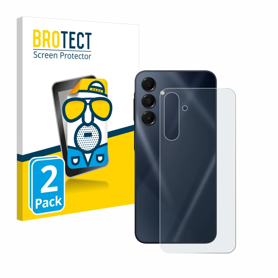 Face avant d’un emballage produit avec le logo de la marque BROTECT. À côté, l’appareil Samsung Galaxy A16 5G (Arrière) est re