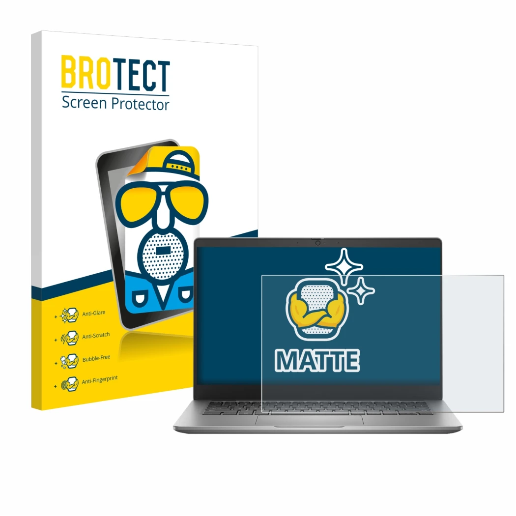 Face avant d’un emballage produit avec le logo de la marque BROTECT. À côté, l’appareil Dell Latitude 3340 Laptop 13.3