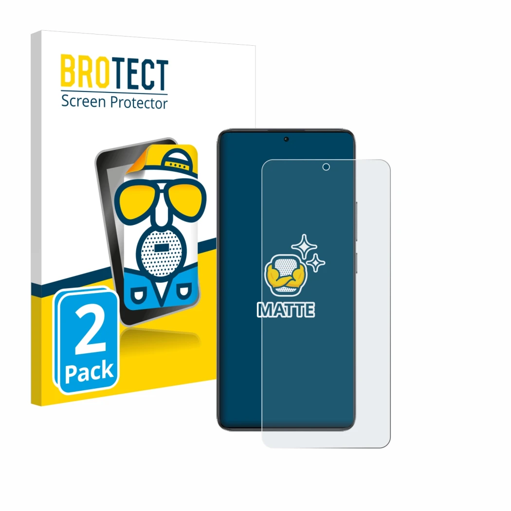 Face avant d’un emballage produit avec le logo de la marque BROTECT. À côté, l’appareil Xiaomi Poco F7 Pro est représenté avec