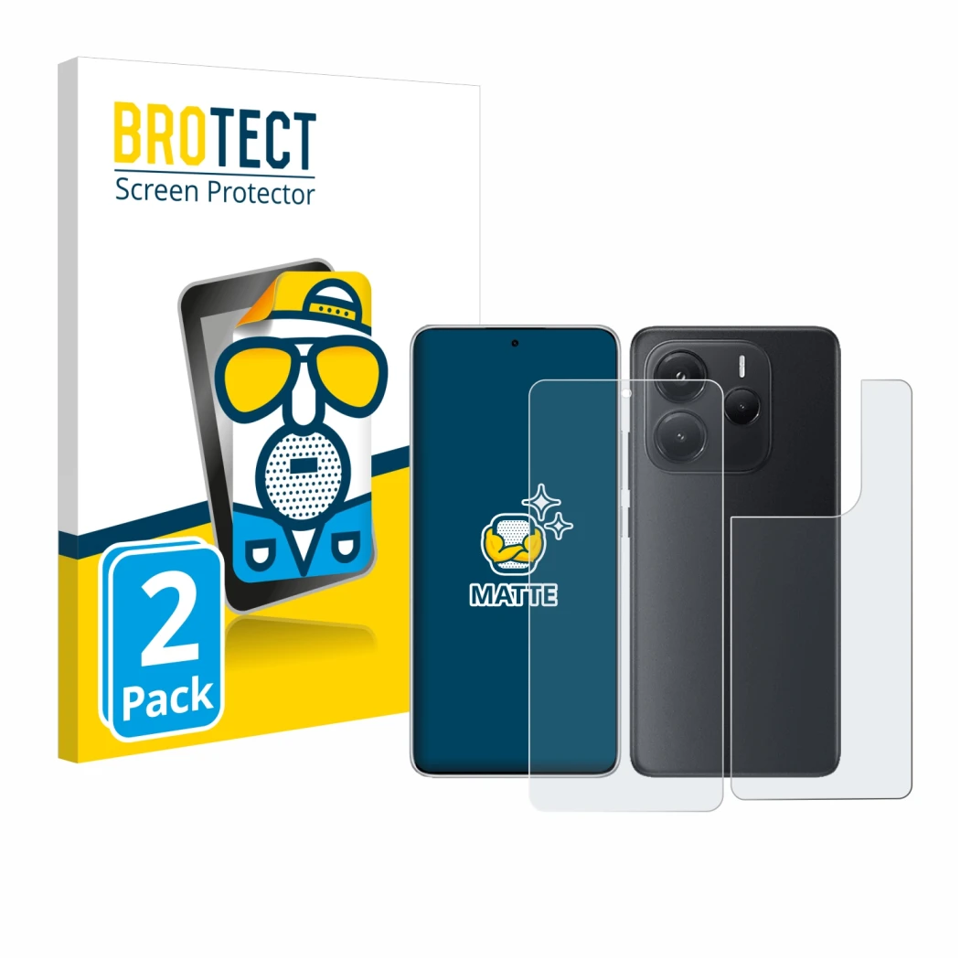 Face avant d’un emballage produit avec le logo de la marque BROTECT. À côté, l’appareil Xiaomi Redmi Note 14 (Avant+Arrière) e