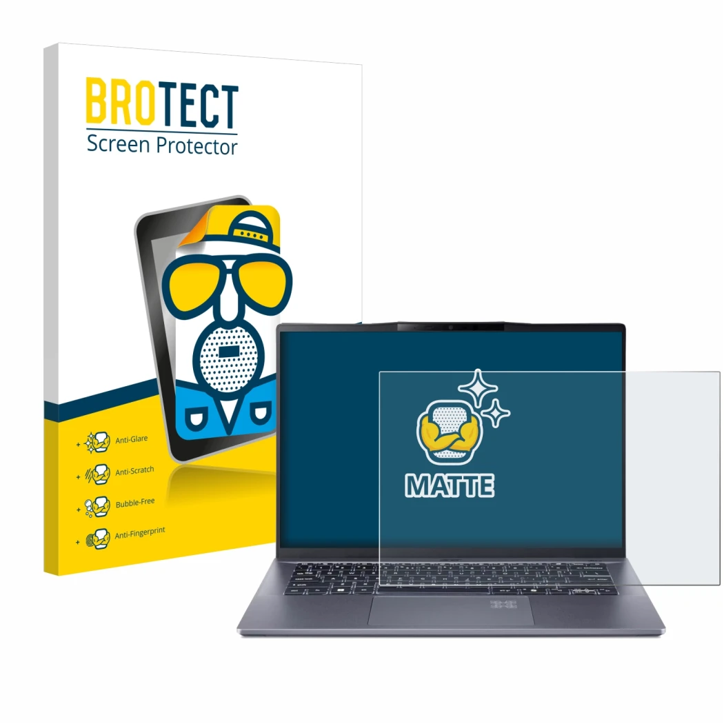 Face avant d’un emballage produit avec le logo de la marque BROTECT. À côté, l’appareil Acer Swift Go 14 AI est représenté ave