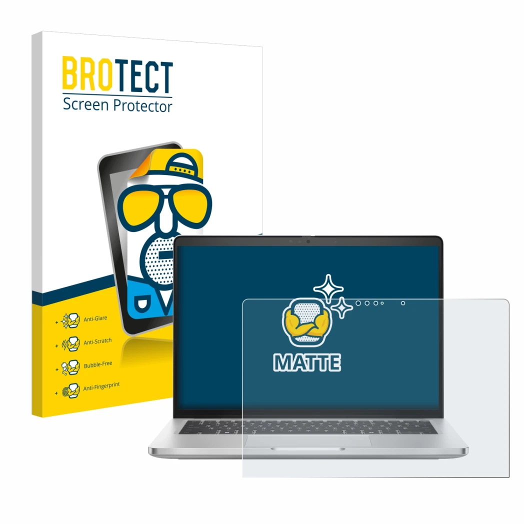 Face avant d’un emballage produit avec le logo de la marque BROTECT. À côté, l’appareil Dell Pro 14 Plus 2-in-1 PB14250 est re