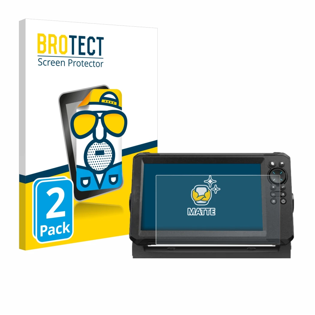 Face avant d’un emballage produit avec le logo de la marque BROTECT. À côté, l’appareil Lowrance Eagle 9 est représenté avec l