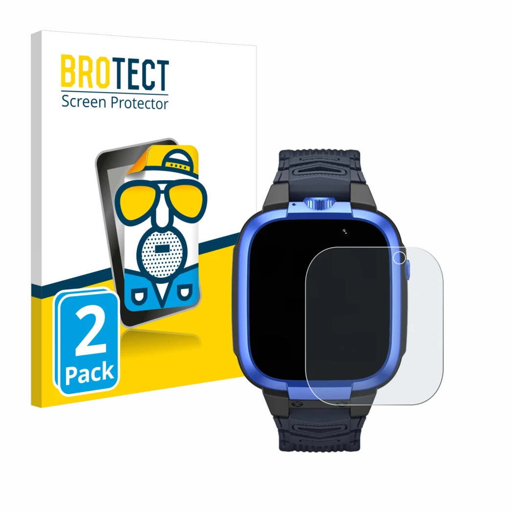 Face avant d’un emballage produit avec le logo de la marque BROTECT. À côté, l’appareil Xiaomi Mibro Kids Z3 est représenté av