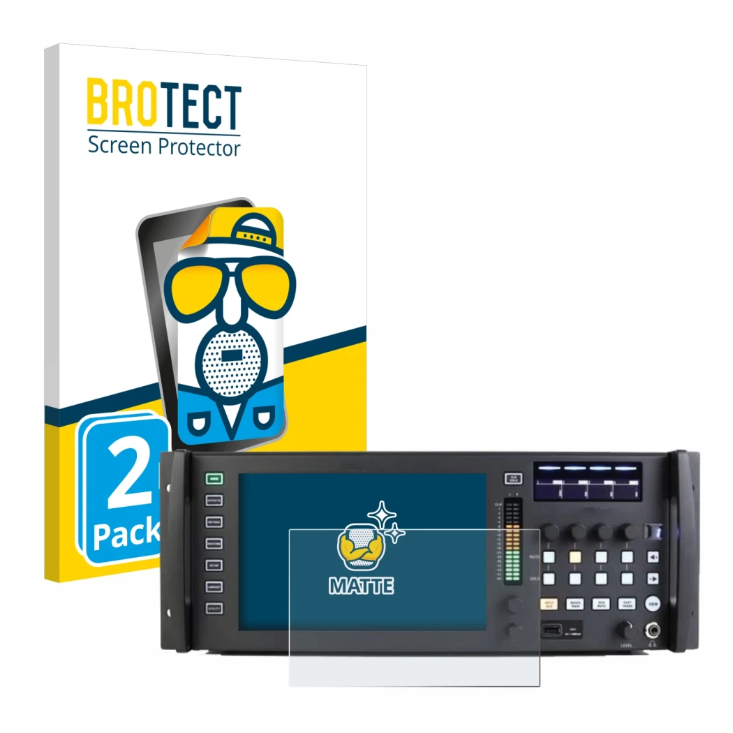 Face avant d’un emballage produit avec le logo de la marque BROTECT. À côté, l’appareil Behringer Wing Rack est représenté ave