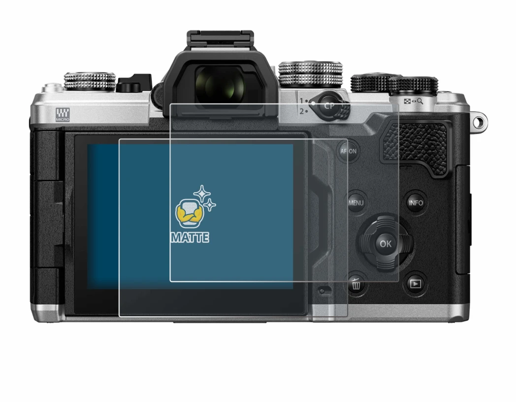 Image de l'appareil OM System OM-3 avec une grande variété de protections d'écran.