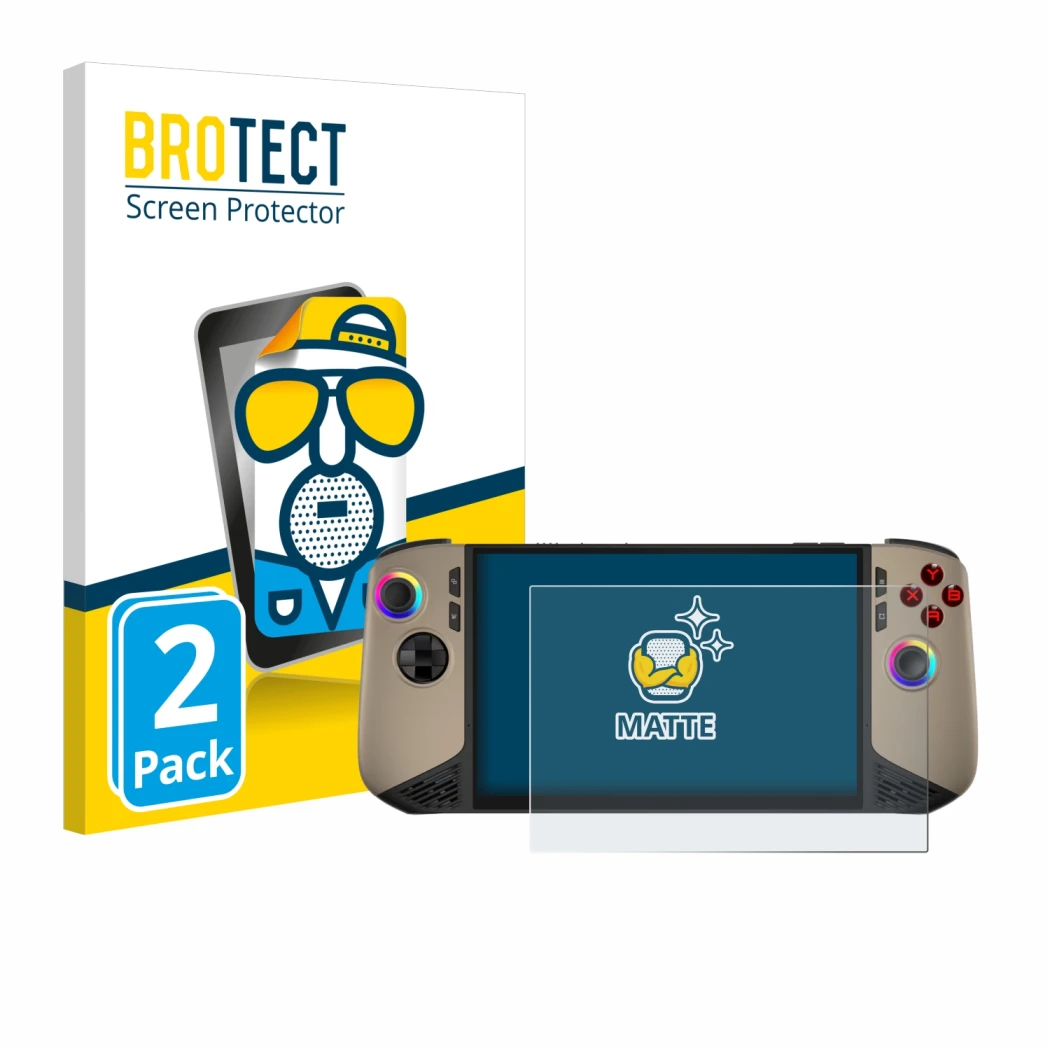 Face avant d’un emballage produit avec le logo de la marque BROTECT. À côté, l’appareil MSI Claw 8 AI+ est représenté avec la