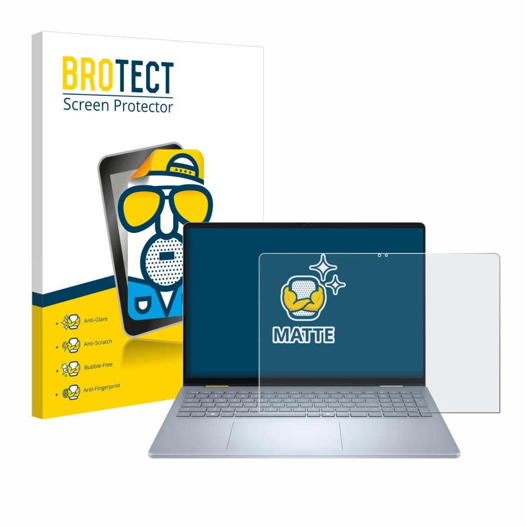 Face avant d’un emballage produit avec le logo de la marque BROTECT. À côté, l’appareil Dell 16 Plus-2-in-1 est représenté ave