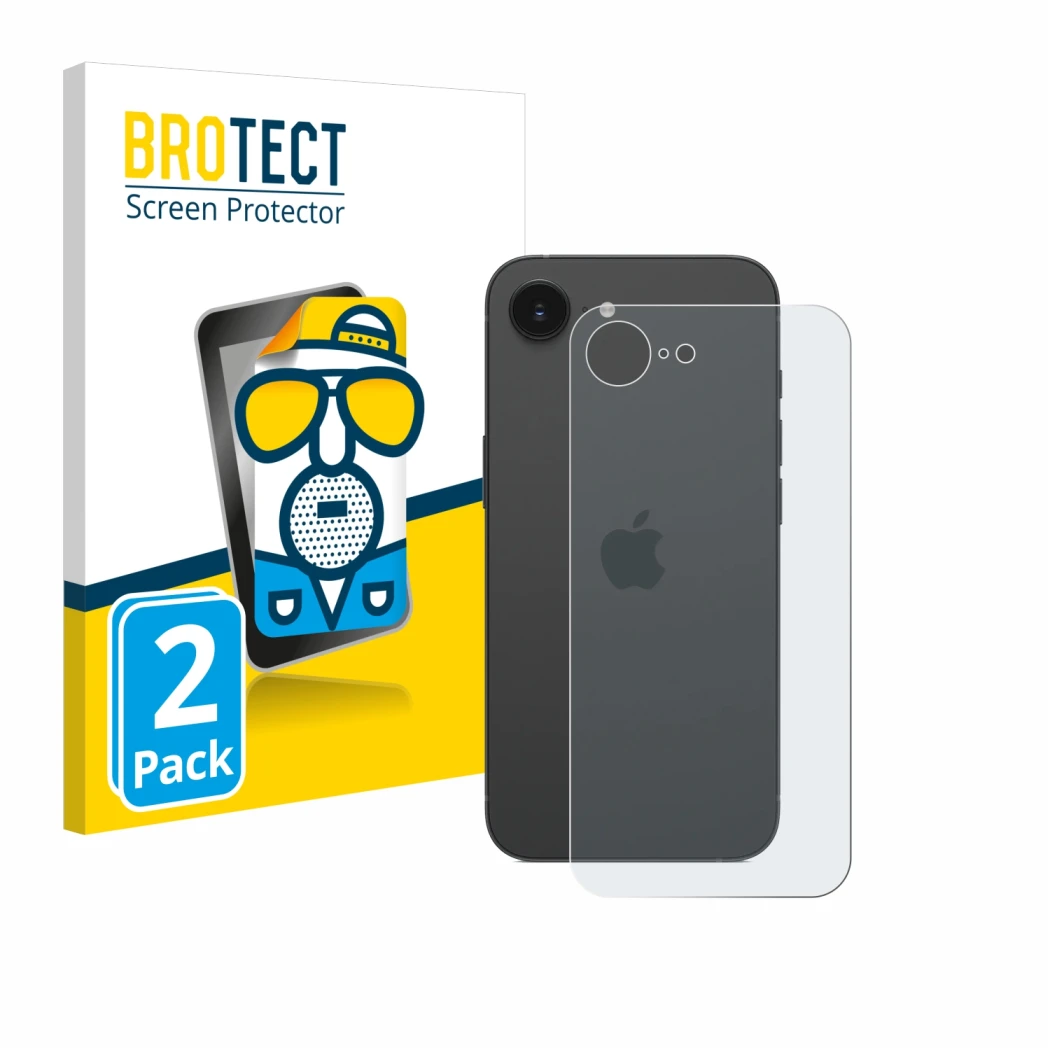 Face avant d’un emballage produit avec le logo de la marque BROTECT. À côté, l’appareil Apple iPhone 16e (Arrière) est représe