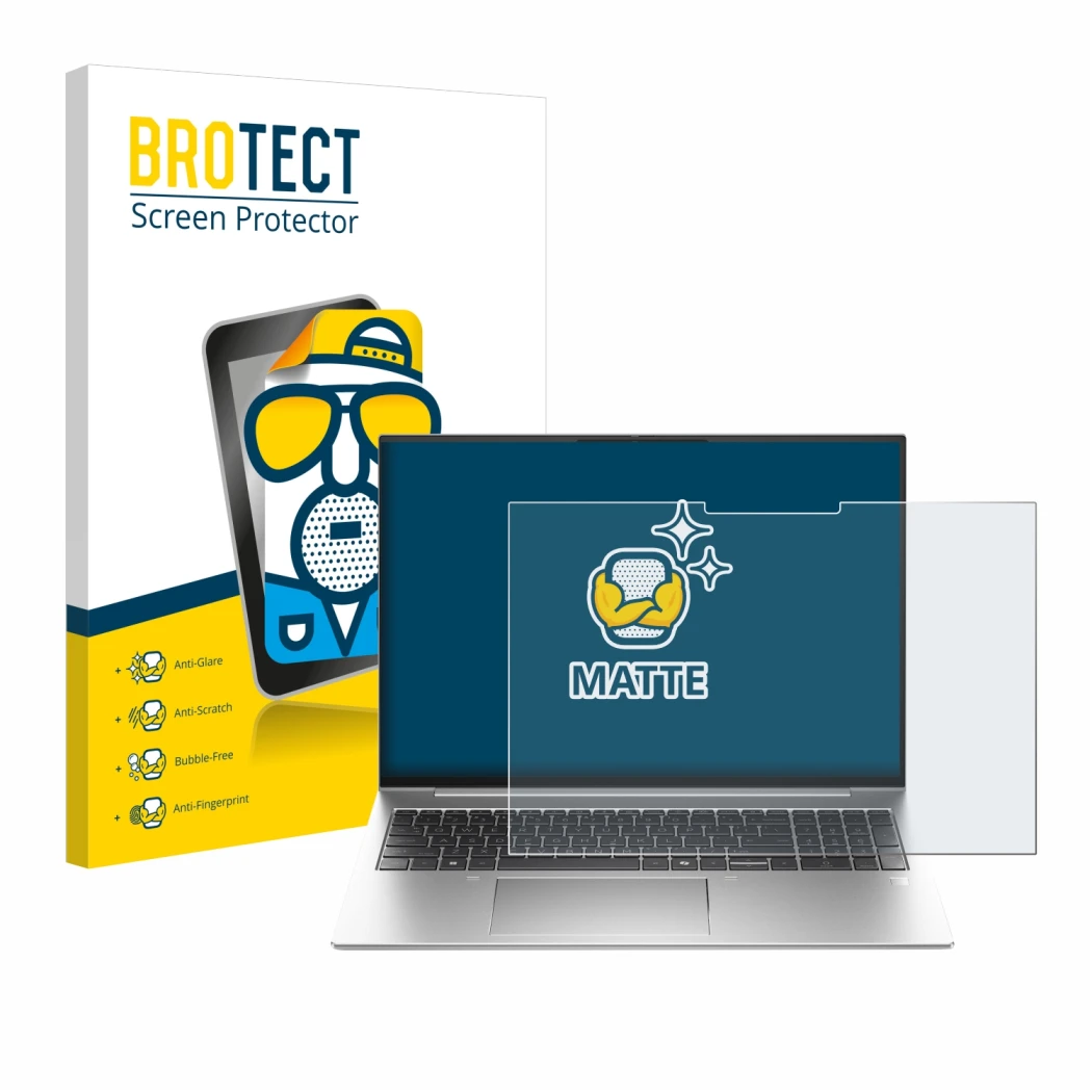 Face avant d’un emballage produit avec le logo de la marque BROTECT. À côté, l’appareil HP EliteBook 835 G11 est représenté av