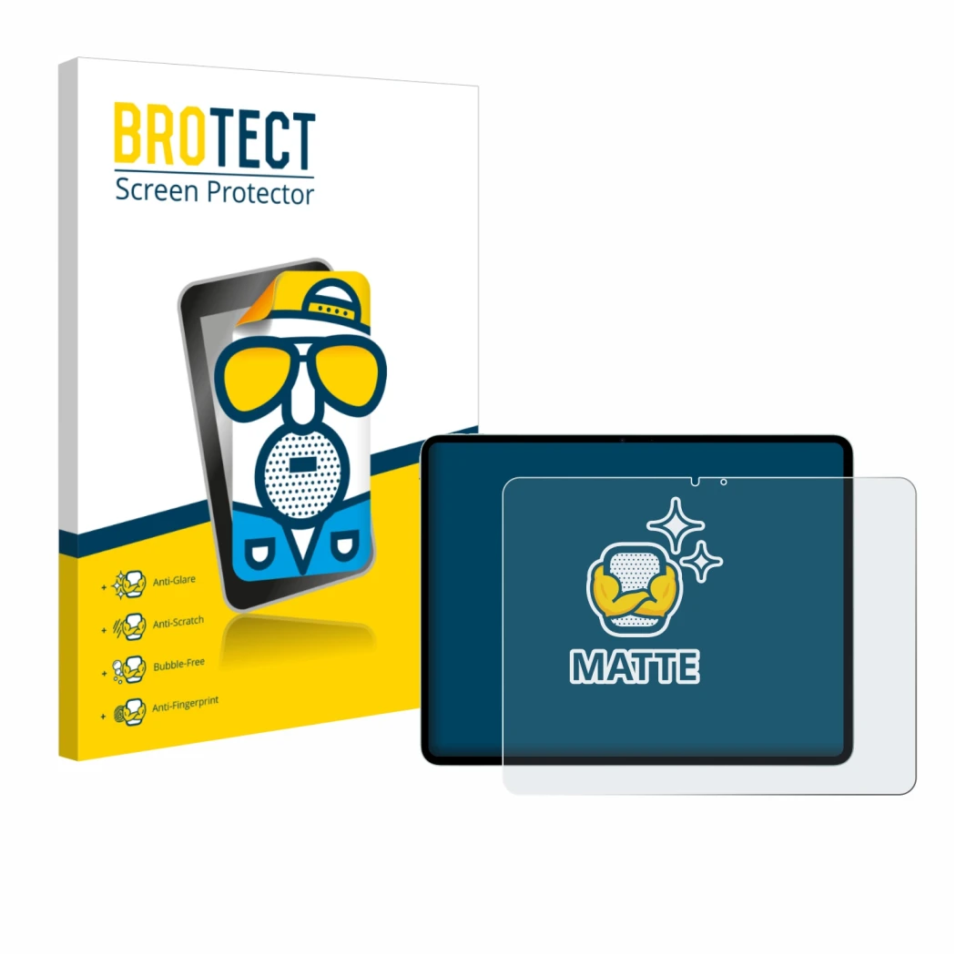 Face avant d’un emballage produit avec le logo de la marque BROTECT. À côté, l’appareil Apple iPad Air 13