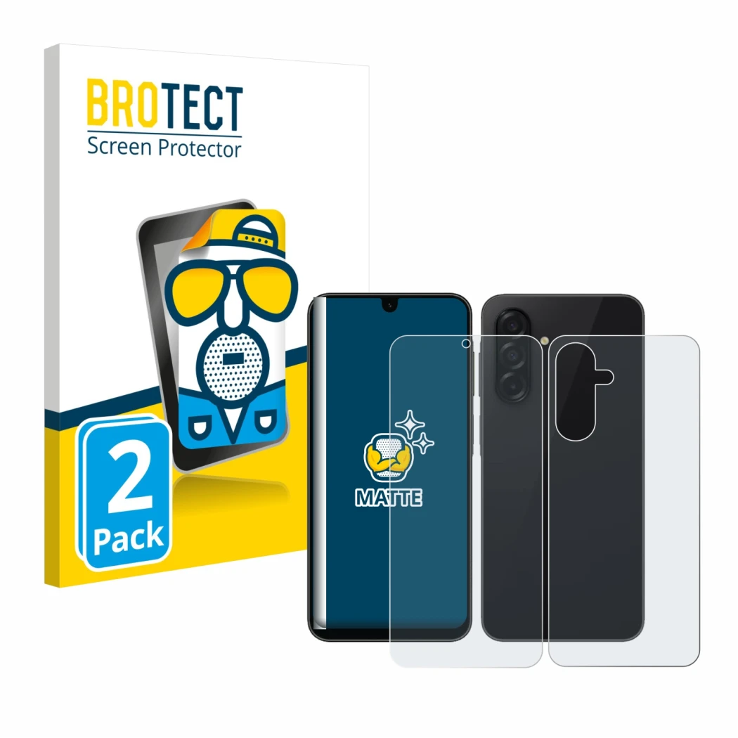 Face avant d’un emballage produit avec le logo de la marque BROTECT. À côté, l’appareil Samsung Galaxy A26 5G (Avant+Arrière) 