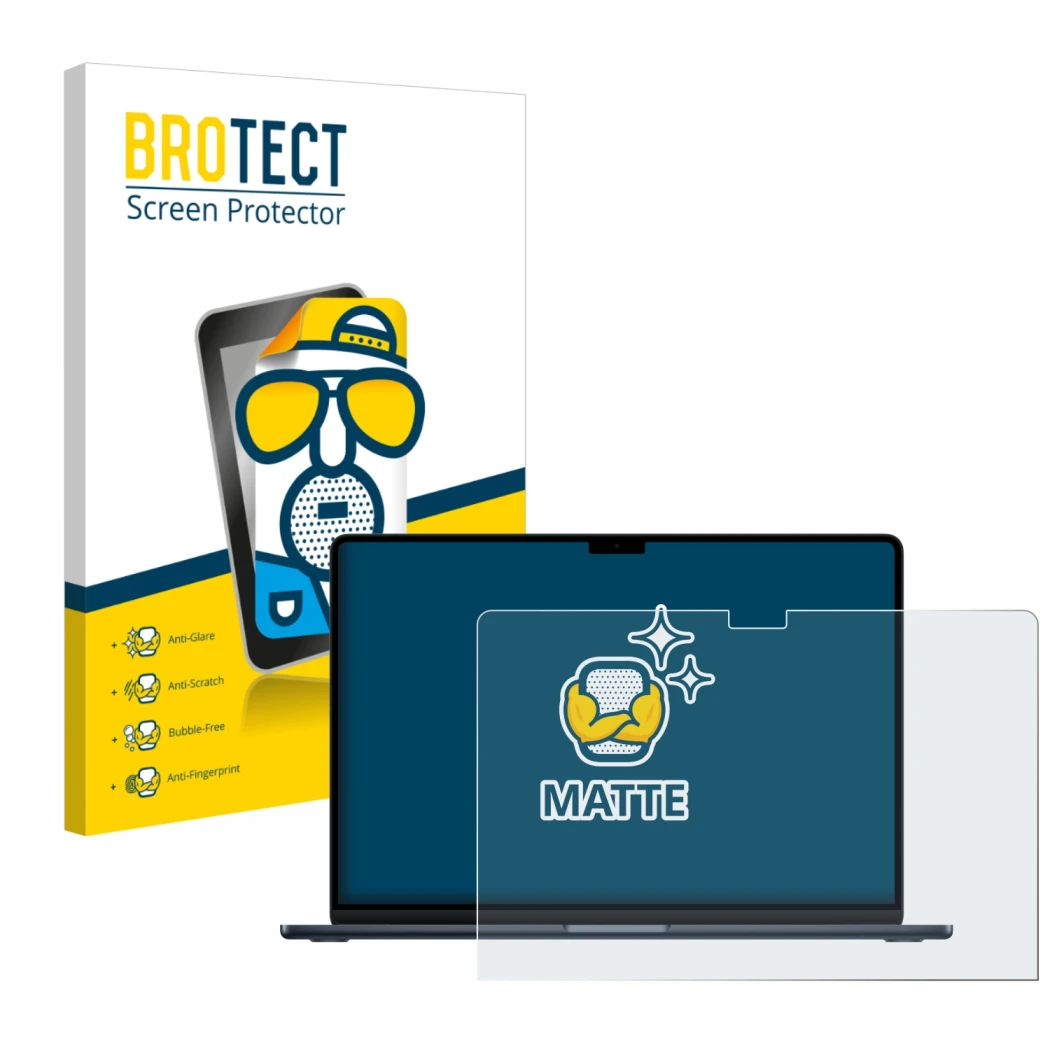 Face avant d’un emballage produit avec le logo de la marque BROTECT. À côté, l’appareil Apple MacBook Air 15