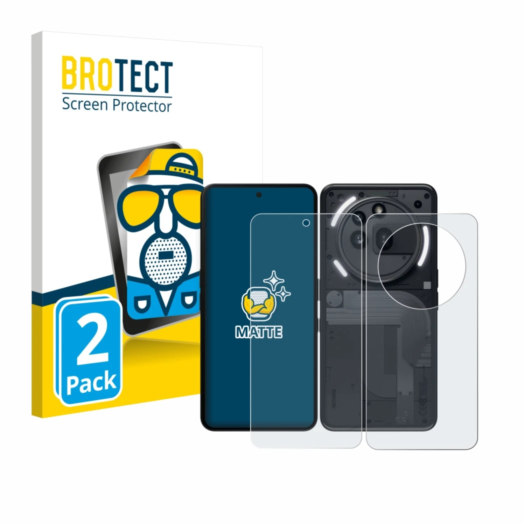 Face avant d’un emballage produit avec le logo de la marque BROTECT. À côté, l’appareil Nothing Phone (3a) Pro (Avant+Arrière)