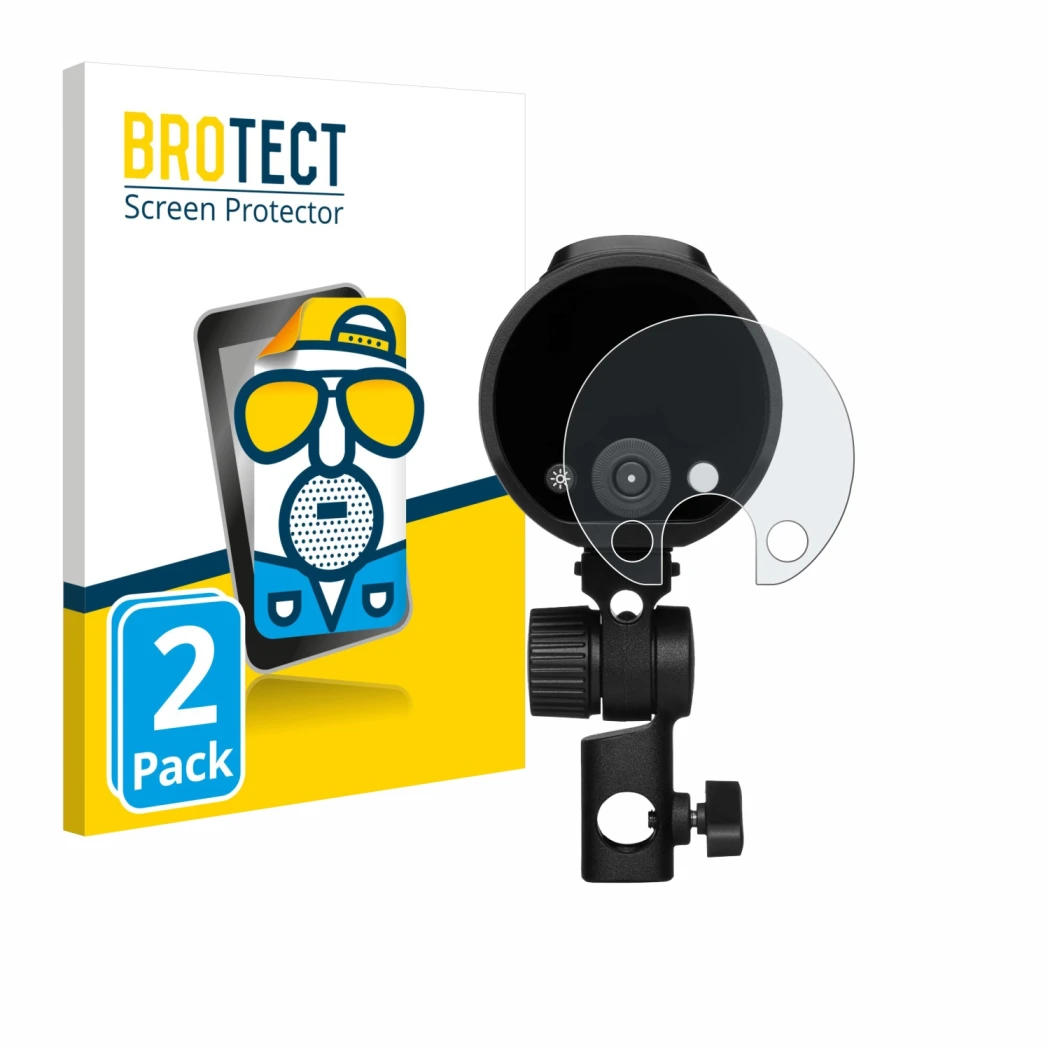 Face avant d’un emballage produit avec le logo de la marque BROTECT. À côté, l’appareil Profoto A2 est représenté avec la prot