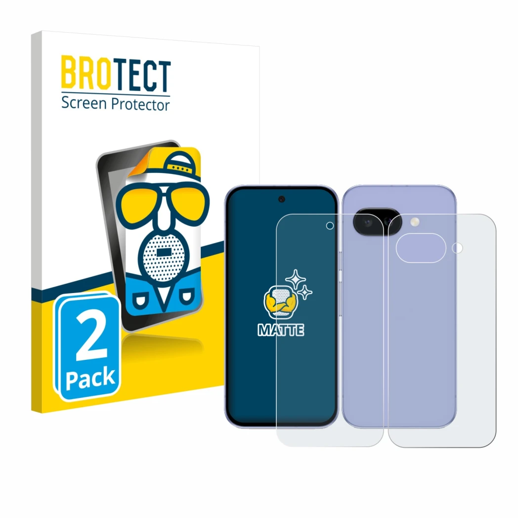 Face avant d’un emballage produit avec le logo de la marque BROTECT. À côté, l’appareil Google Pixel 9a (Avant+Arrière) est re